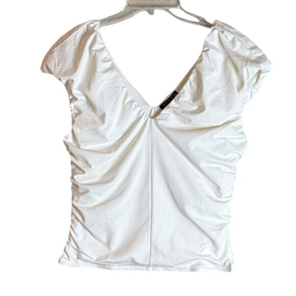 J. Crew Woman's Ruched V Neck Top Ivory Cropped Stretch Cap Sleeve Size Large - Picture 1 of 5